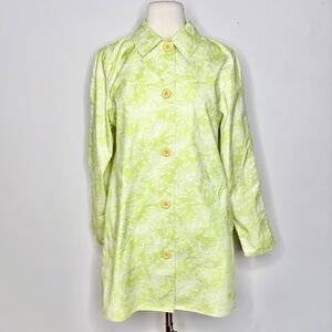 LL Bean Trench Coat Floral Print Lime Green Regular Pockets Vintage Y2K